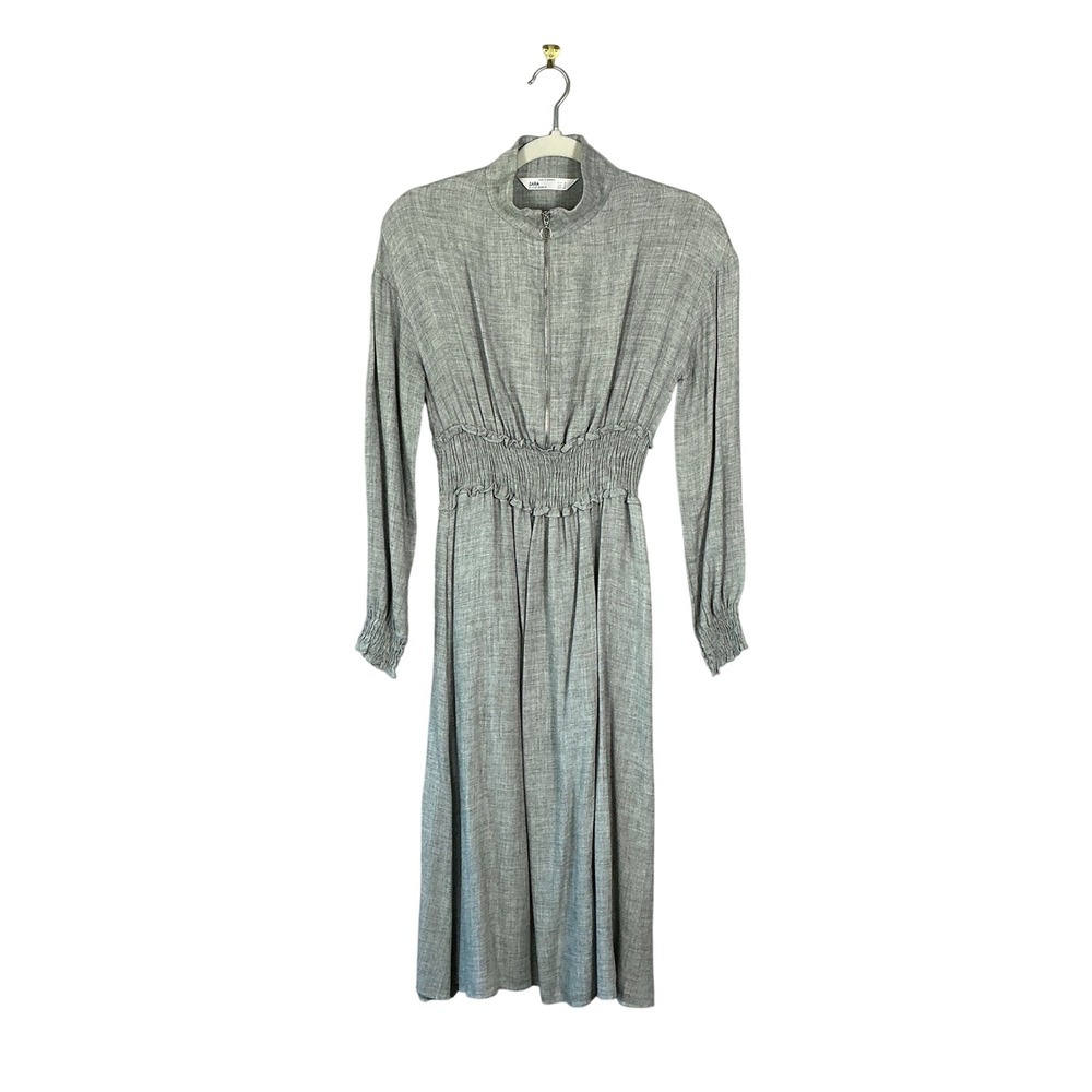 Zara Z1975 Denim Grey Smocked Waist Half Zip Mock Neck Midi Dress Small
